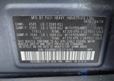 2014 Subaru Outback 2.5I Premium из США, поврежденный, VIN 4S4BRBCC2E3310393